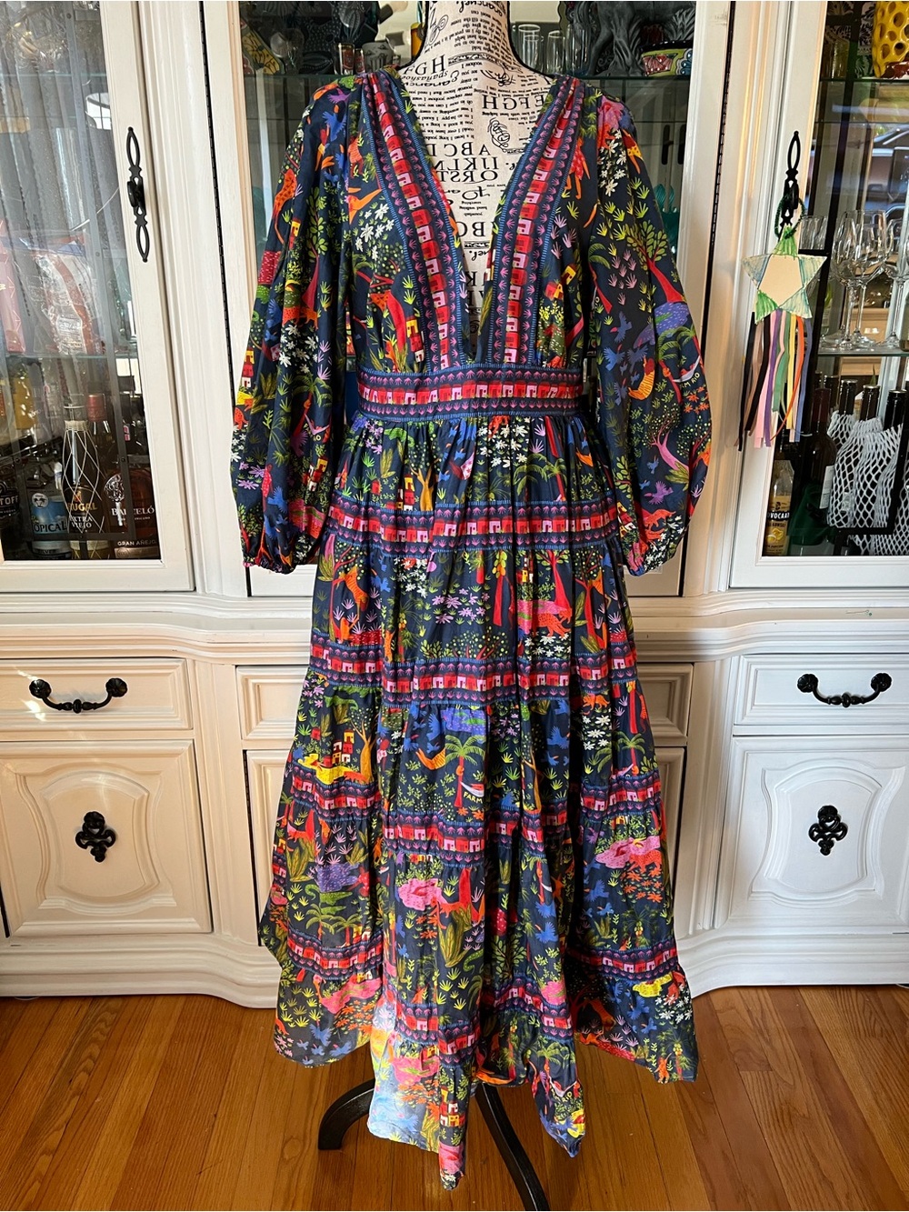FARM Rio Animal Utopia Blue Tropical Animals and Floral Print MIDI Dress M